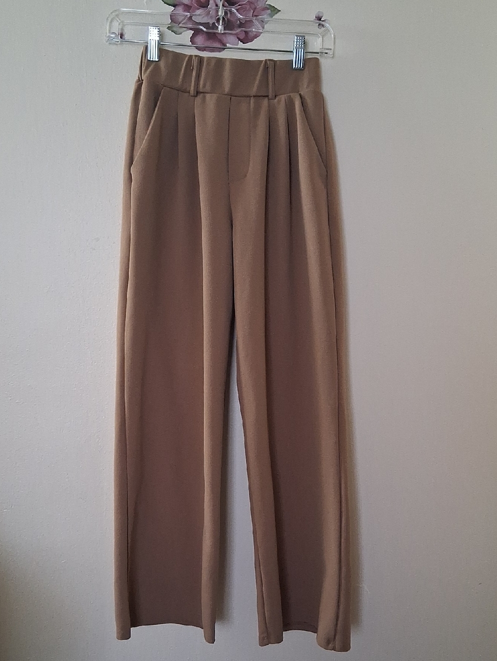 Tan Khaki Wide Leg Pants Small Pockets Lightweight Office Career